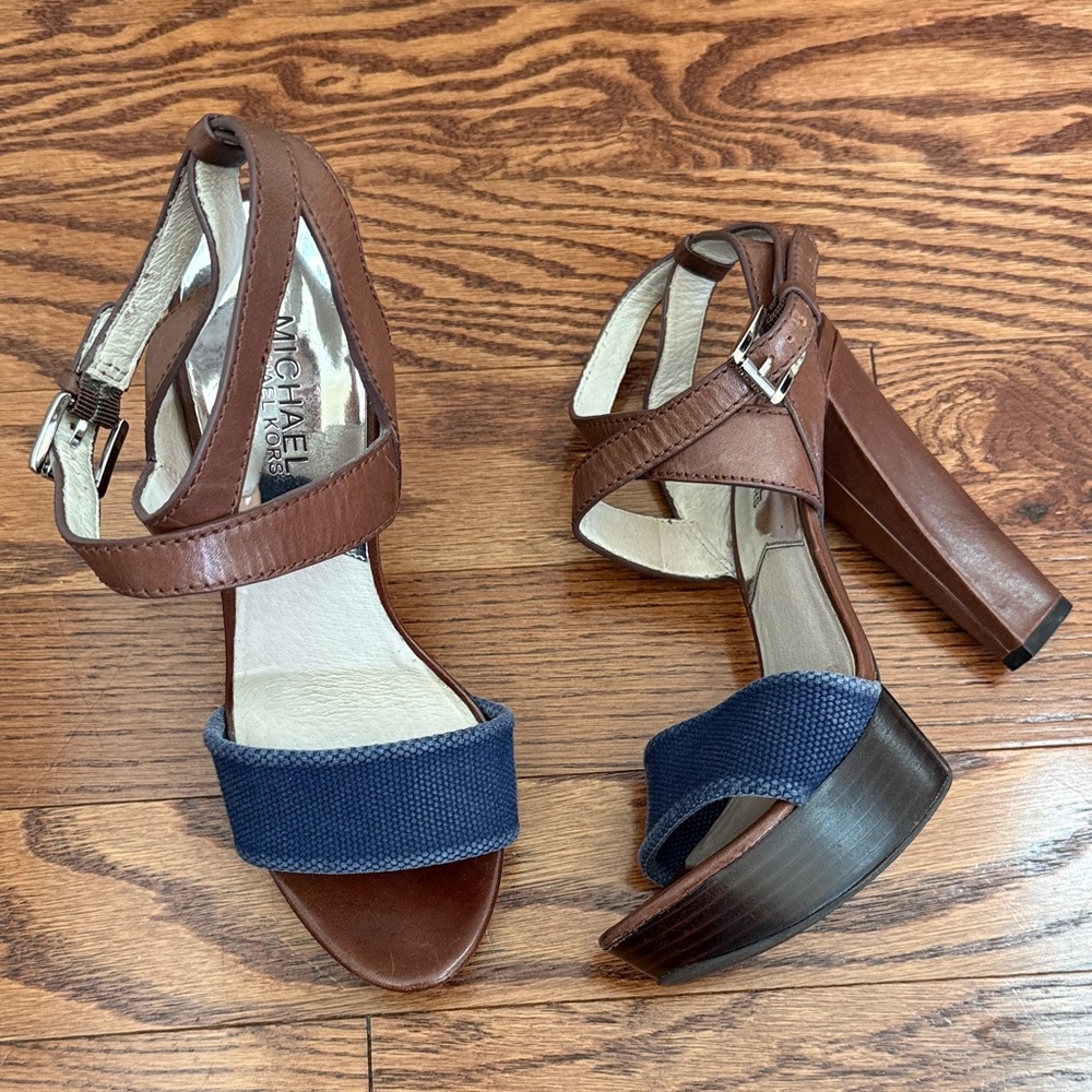 Michael Kors Brown Leather Platform Heels Denim Strap Size 7.5 | Y2K Block Heel - Picture 1 of 11